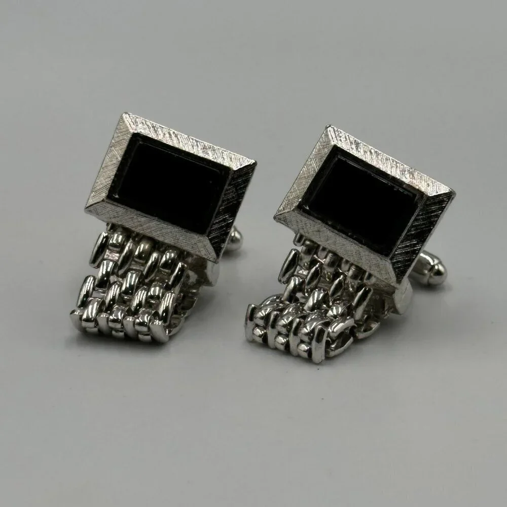 Vintage Dante Cufflinks Silver Tone Black Enamel Square Mesh Wraparound